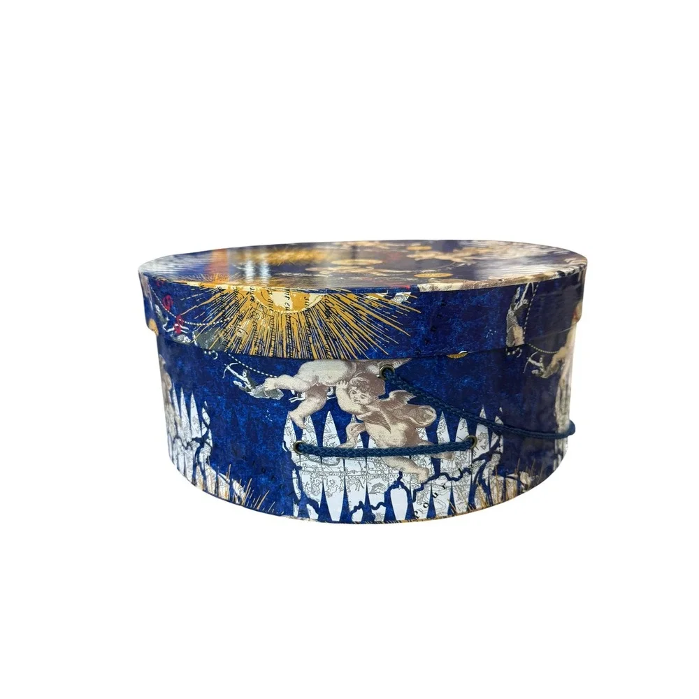 Vintage 90s Celestial Round Hat‎ Box Cherub Zodiac Sun Moon Decorative Storage
